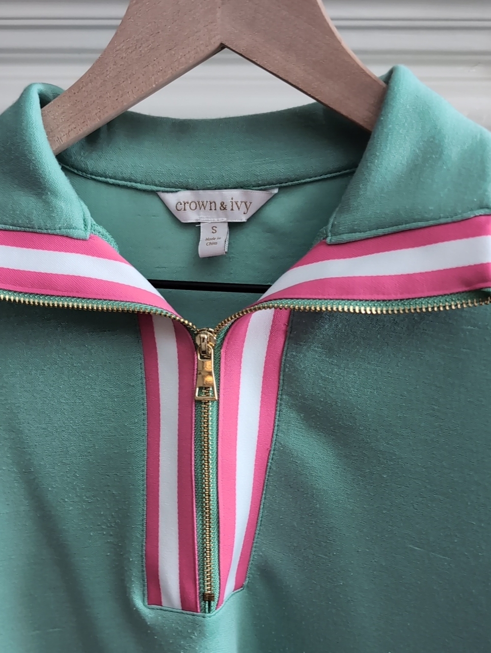 crown & ivy Mint Green Pullover with Pink & White Stripe Trim and Gold Zip